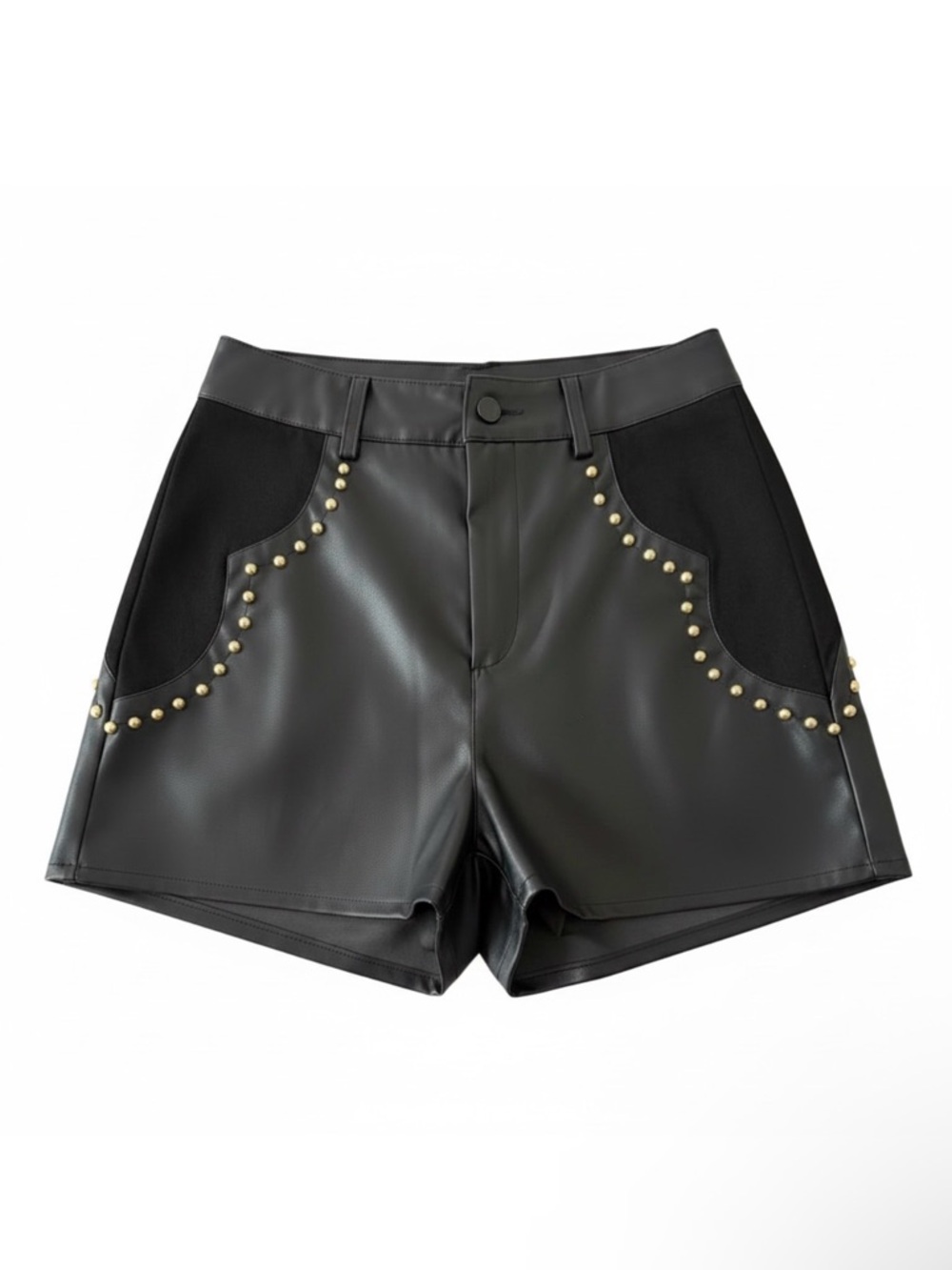 High-Waist Black Faux Leather Shorts with Gold Stud Trim